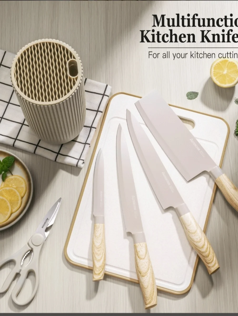 Astercook 6 Piece Knife Set, Khaki Knives Blcok Sets for Kitchen